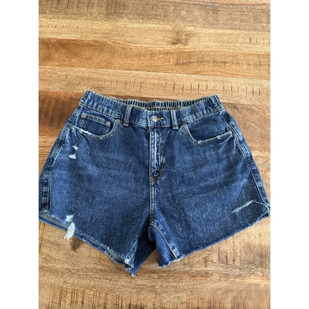 Aerie Denim Shorts Womens M Elastic Waist Raw Hem Distressed Blue Jean